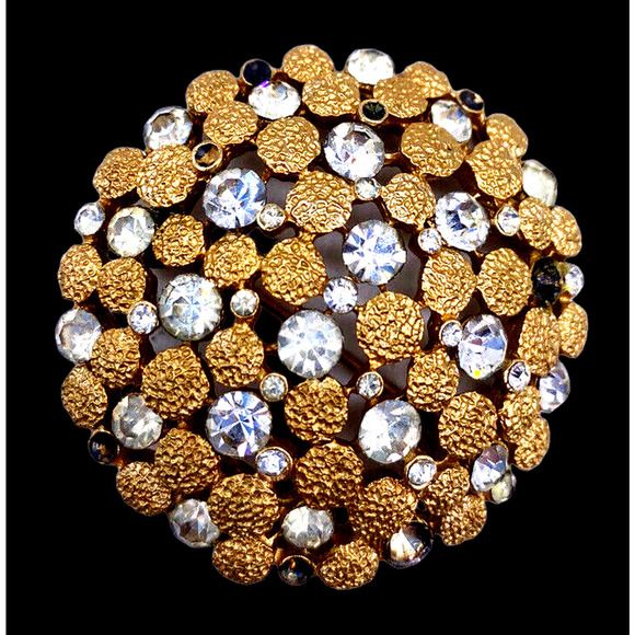Vintage Crown Trifari Brooch Pin Encrusted Rhinestones Gold Clear Tone Round 2" - Picture 1 of 8